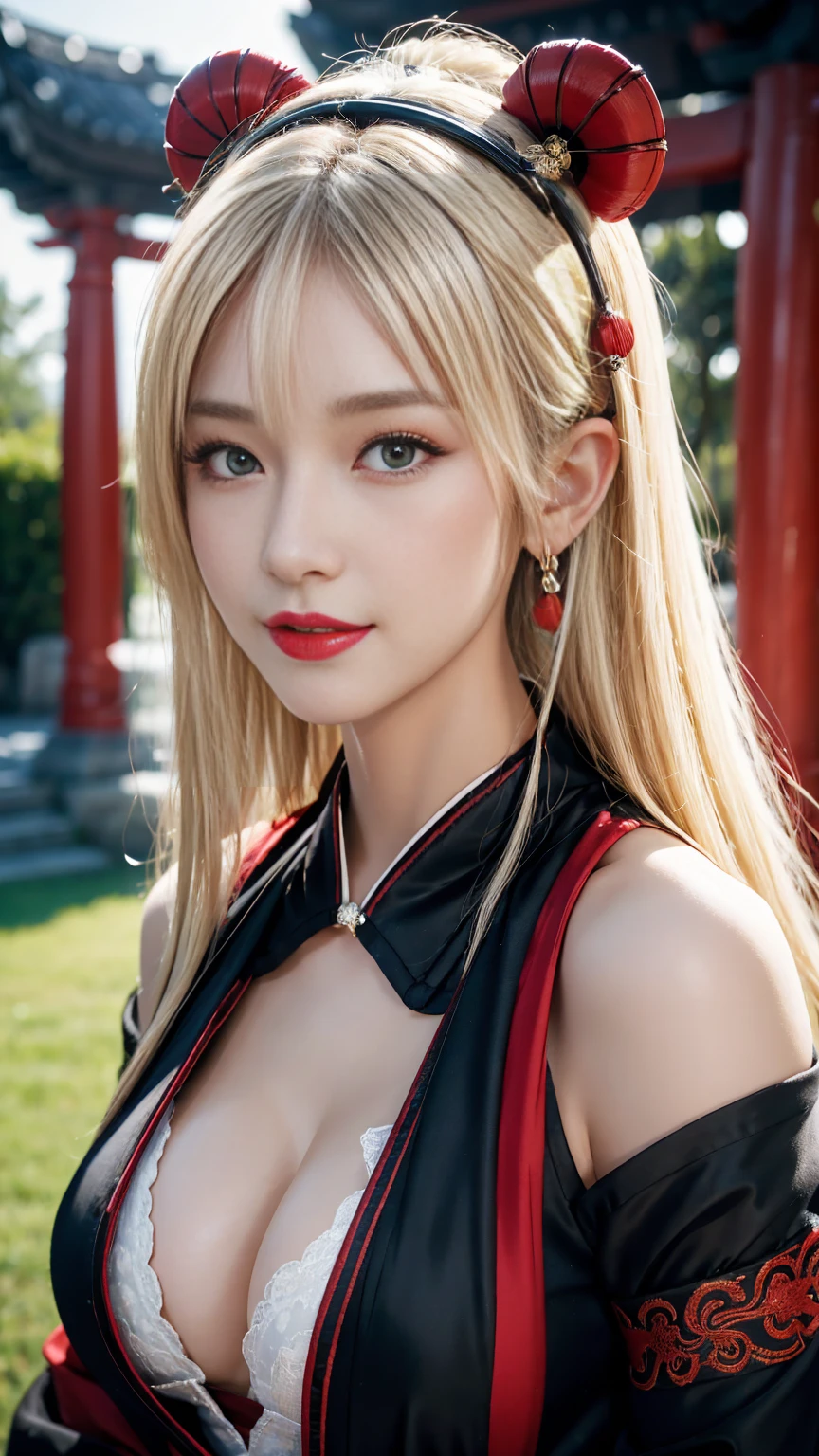 (Hyper Realistic), Ancient Shrine Maiden, Female Shaman, Huge beauty, Peace of mind, High resolution, real short hair, blonde, blonde Woman, Detailed skin texture, Ultra High resolution, Realistic, Plump figure, smile, Middle-aged beauty, Beautiful expression, Detailed red and black areola, 小さな紫色の風通しの良い長いblondeの髪, The Spirit of God, Extremely delicate and fine skin texture, 35人のFemale Shaman, (Ancient gorgeous, Gorgeous temples), Ancient Priestess, Big cleavage, Deep neckline, Big Red Lips, (Gorgeous black outfit and gorgeous accessories), I have a gorgeous platinum cane