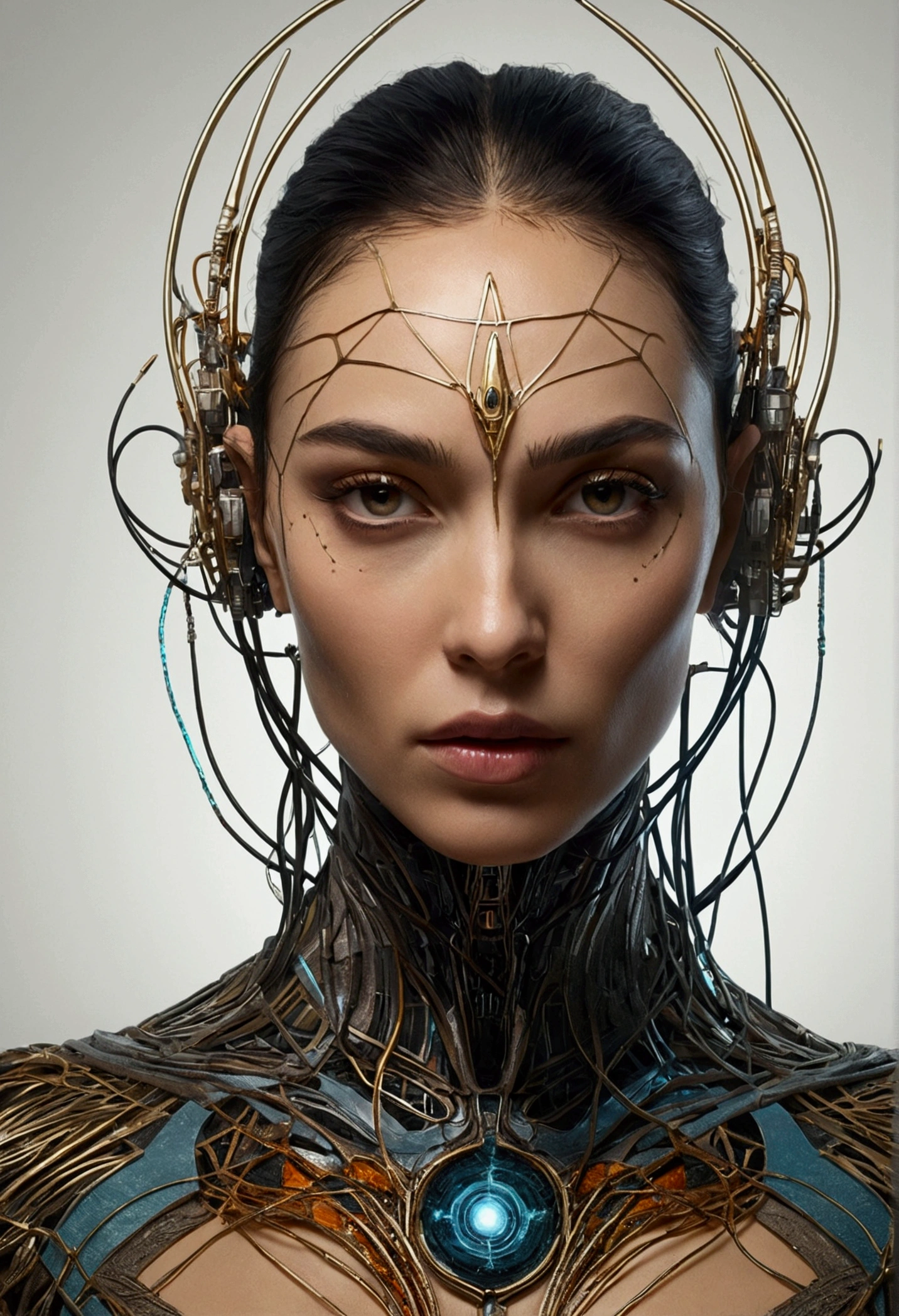 a humanoid being contemplating the space of a disturbing mind, consciousness projection, face melting into the universe, they reach your mind, the rise of consciousness, heightened awareness, exploration of the mind, increased awareness, Infinite Consciousness, cosmic illumination, no plano astral ) ) ), um ser interdimensional, distributed consciousnessgal gadot, Cybernetic Implant Wires, No estilo de Adrian Ghenie Esao Andrews Jenny Saville, Surrealismo Dark Art de James Jean Takato Yamamoto e BLII Sienkiewicz, trends on ArtStation, sharp focus, studio photo, details Intricate, highy detailed, por Greg Rutkowski, details Intricate do rosto, TM Ninja, TM Samurai, poster style, Icons, Vibrant colors, vector style, digitl art, 4K, details Intricate, mesmerizing, professionally made, beautiful vector illustration, 12k resolution, 3d, All characters in full body detail, highy detailed, Vibrant, Ultra-high quality, Hyper-Realism, fotorrealism, octane rendering]
