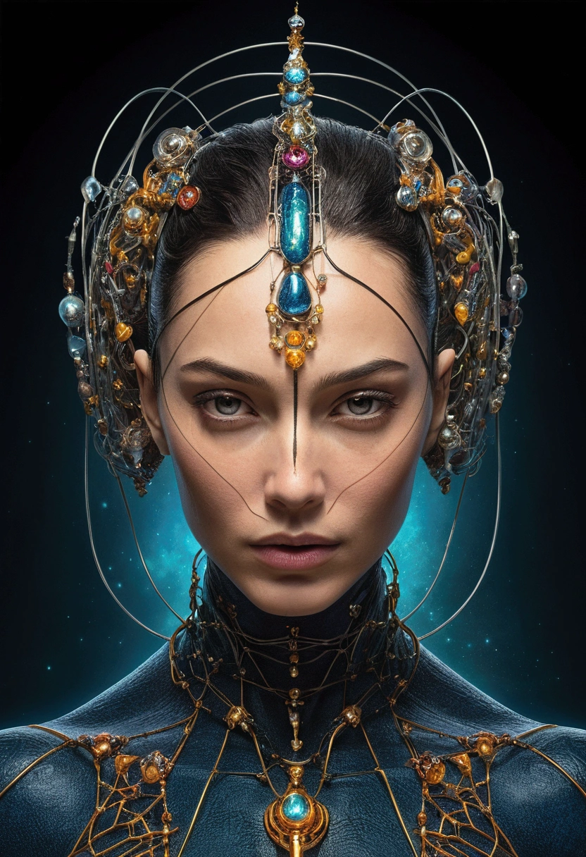a humanoid being contemplating the space of a disturbing mind, consciousness projection, face melting into the universe, they reach your mind, the rise of consciousness, heightened awareness, exploration of the mind, increased awareness, Infinite Consciousness, cosmic illumination, no plano astral ) ) ), um ser interdimensional, distributed consciousnessgal gadot, Cybernetic Implant Wires, No estilo de Adrian Ghenie Esao Andrews Jenny Saville, Surrealismo Dark Art de James Jean Takato Yamamoto e BLII Sienkiewicz, trends on ArtStation, sharp focus, studio photo, details Intricate, highy detailed, por Greg Rutkowski, details Intricate do rosto, TM Ninja, TM Samurai, poster style, Icons, Vibrant colors, vector style, digitl art, 4K, details Intricate, mesmerizing, professionally made, beautiful vector illustration, 12k resolution, 3d, All characters in full body detail, highy detailed, Vibrant, Ultra-high quality, Hyper-Realism, fotorrealism, octane rendering]