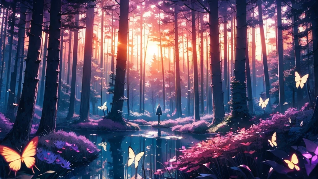 a cabin in a magical forest in surreal anime style for ambient music cover. n sunset and glass butterflies float across the scene. Smooth and ethereal animation style, reminiscent of the works of Hayao Miyazaki mixed with the surrealism of &#39;Paprika&#39;. Soft and dreamlike color palette: deep blues, soft greens and delicate pinks. The general atmosphere is serene and mystical. Composition that invites the viewer to immerse themselves in this dream world

