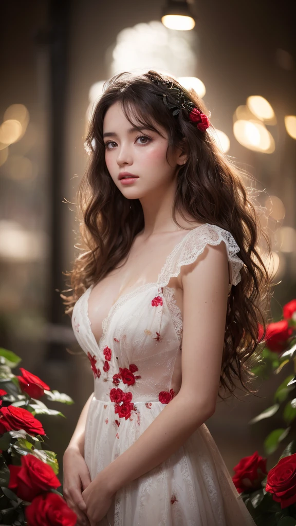 amazingly realistic, High resolution 8K photo of a beautiful 20 year old woman, ((messy side wave long hair)), And a glamorous person, (elegant dress:1.2), dramatic lighting, masterpiece, Immersive atmosphere, chiaroscuro:(1.5, bright lights:1.2, shining light), (blur background:1.5), treasury, best quality, realistic, very detailed, HDR, Physically Based Rendering, studio lighting, vivid colors, bokeh, (real skin texture:1.3), high contrast, (fujicolor:1.5), film grain, girl in the rose garden,  white lace dress, (Red flower mess in the background..:1.3), Fascinating detailed red eyes and face, dynamic lighting, in the dark, deep shadows, low key, cowboy shot, 