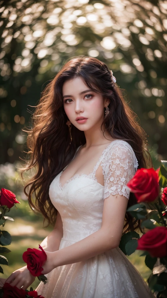 amazingly realistic, High resolution 8K photo of a beautiful 20 year old woman, ((messy side wave long hair)), And a glamorous person, (elegant dress:1.2), dramatic lighting, masterpiece, Immersive atmosphere, chiaroscuro:(1.5, bright lights:1.2, shining light), (blur background:1.5), treasury, best quality, realistic, very detailed, HDR, Physically Based Rendering, studio lighting, vivid colors, bokeh, (real skin texture:1.3), high contrast, (fujicolor:1.5), film grain, girl in the rose garden, white lace dress, (Red flower mess in the background..:1.3), Fascinating detailed red eyes and face, dynamic lighting, in the dark, deep shadows, low key, cowboy shot,