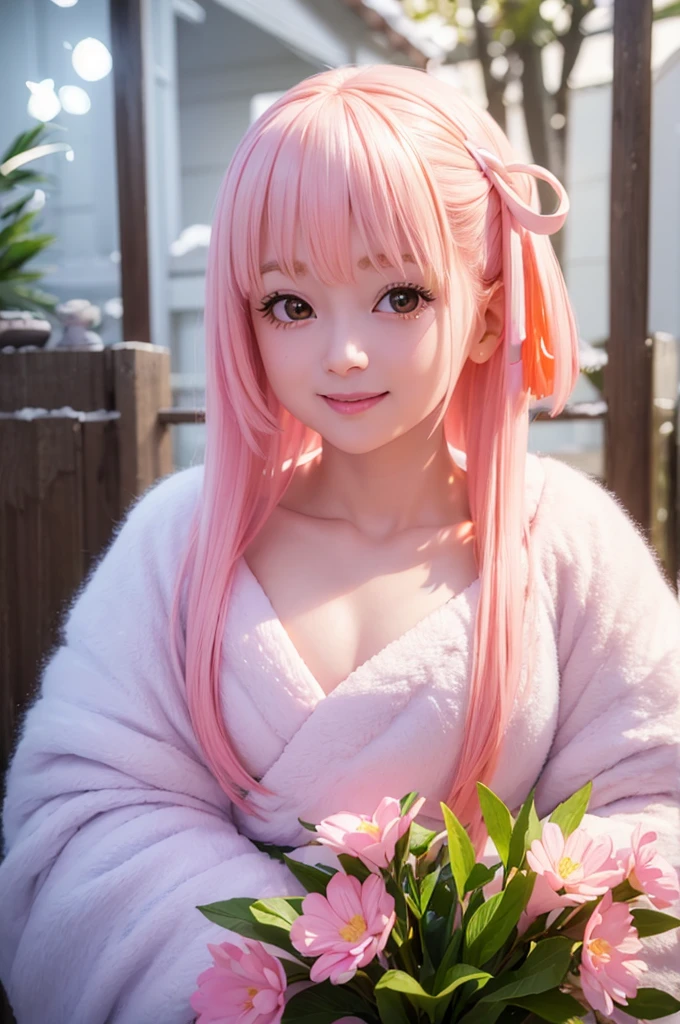 Very detailed CG Unity 8K wallpaper, Cute One lady, Mature pink hair、lady ,beautiful lady, pale skin (Super masterpiece, Beautiful person, well detailed face polluted smile, Photorealistic, hyper realisitic), Colorful winter kimono in pink and white colors、(white fur)、Japanese Style Hair Accessories、smile、Japanese background with light pink flowers and snow、Portrait、(pink eye)、(flat chest:1.2)、(Glowing Skin:1.7)、Detailed eyes、Big eyes、Open your mouth、Hide your arms