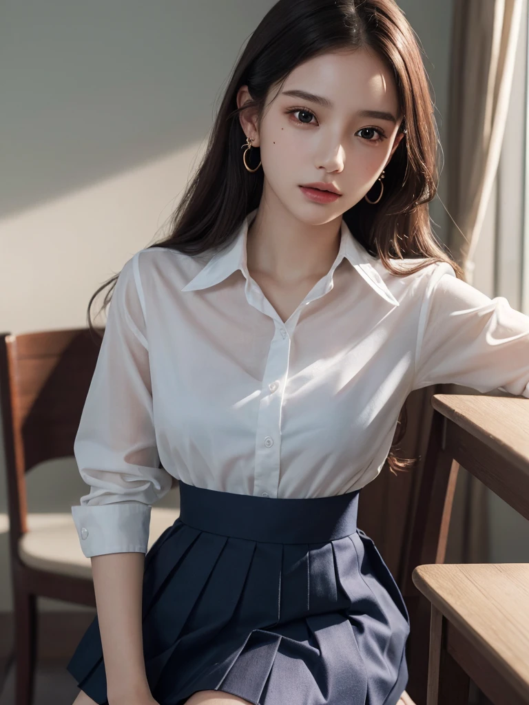 absurdres, RAW photo, extremely delicate and beautiful, masterpiece, Best Quality, ultra high resolution, 32k, hyperrealistic, ultra-detailed, perfect anatomy, super Detailed skin, perfect figure, Super Beauty, Perfect Style, Perfect balance, Beautiful Lighting, Perfect Lightning, Realistic Shadows, 20 years old, very Slim body, narrow waist, very small head, very small face, delicate facial features, handsome detailed woman, very detailed eyes and face, realistic face proportions, Realistic beautiful face, Realistic beautiful eyes, tearful mole, earring, very huge round breasts, medium hair, asymmetrical hair, ((full body shot)), indoor, short skirt, ((school uniform)),