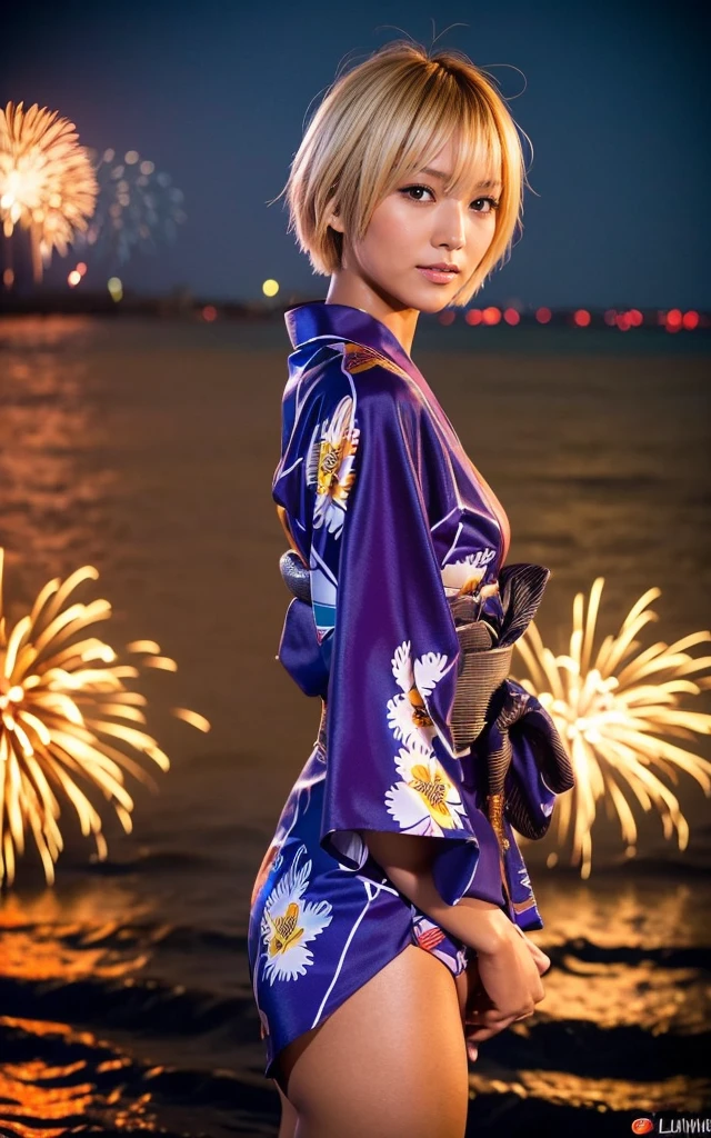 ass, gyaru, dark-skinned, shiny oiled skin, blond hair, short cut hair, wearing vivid yukata, standing in the sea, dark-night, deep fog, orange lanthanum light, Fireworks Festival Venue, Fireworks in the background, cinematic lighting, from side
