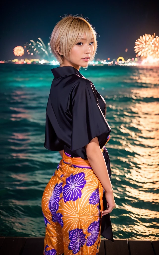 ass, gyaru, dark-skinned, shiny oiled skin, blond hair, short cut hair, wearing vivid yukata, standing in the sea, dark-night, deep fog, orange lanthanum light, Fireworks Festival Venue, Fireworks in the background, cinematic lighting, from side