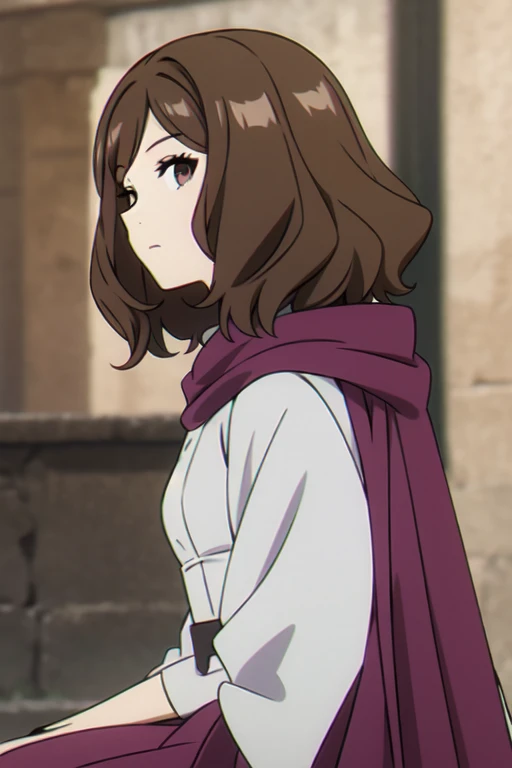 (((Best quality))),((Ultra-detailed)),((illustration)),((Disheveled hair)),((frilld)),(1 girl),(Solo),
1girl , bangs , blurry , blurry background , blurry foreground , brown eyes , brown hair , cape , cloak , closed mouth , depth of field , expressionless , eyebrows visible through hair , hood , hood down , indoors , looking at viewer , looking to the side , medium hair , outdoors , short hair , solo , swept bangs , upper body , sitting ,