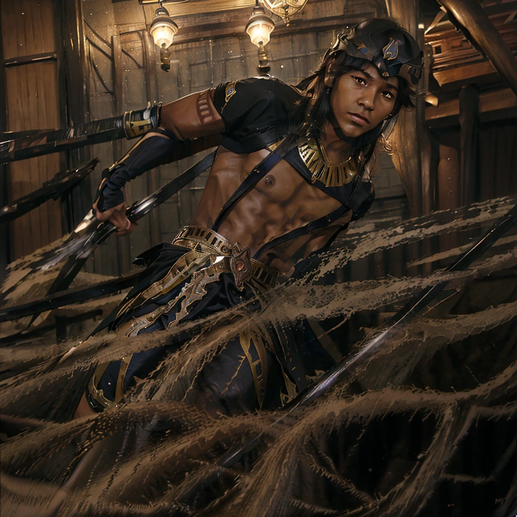 A young man ((latin and brown) hair color ((negro)), Eyes color ((cafe)), japanese clothing, with a katana.