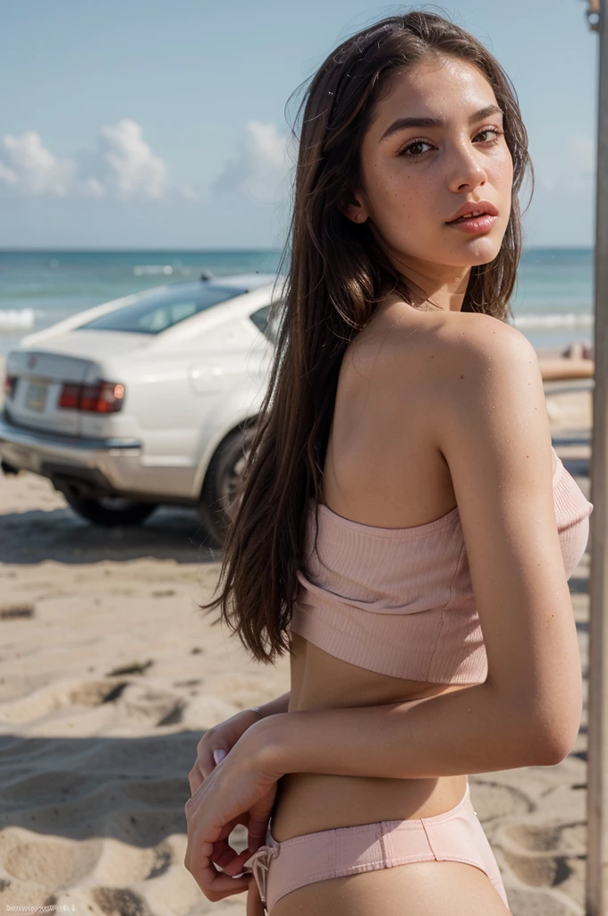 ((Best Quality)), ((masterpiece)), (detailed), realistic photo of perfect face of a beautiful woman with long dark brown hair, russian, man of influence, light freckles, dark brown eyes, big lips, big , without makeup, Instagram, on a beach wearing a pink top