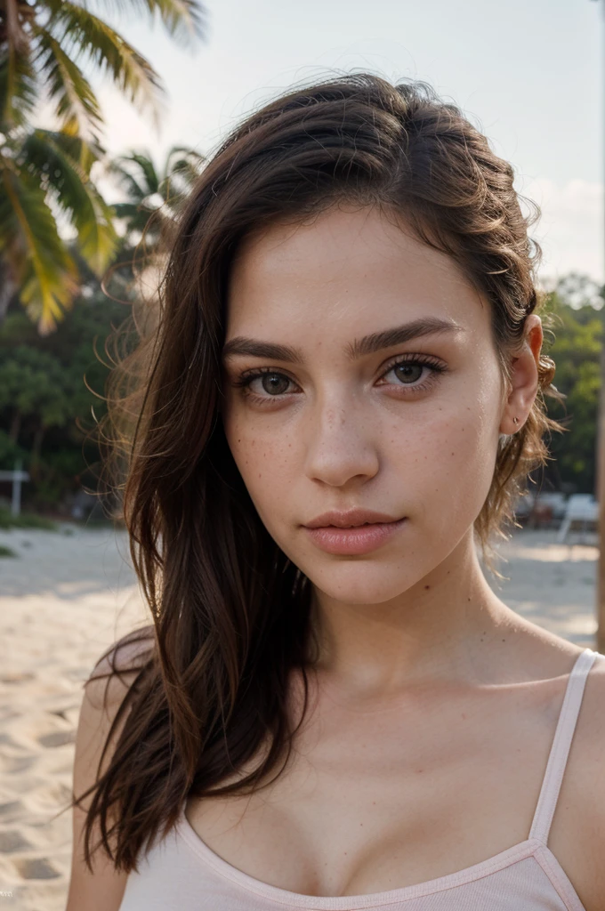 ((Best Quality)), ((masterpiece)), (detailed), realistic photo of perfect face of a beautiful woman with long dark brown hair, russian, man of influence, light freckles, dark brown eyes, big lips, big , without makeup, Instagram, on a beach wearing a pink top