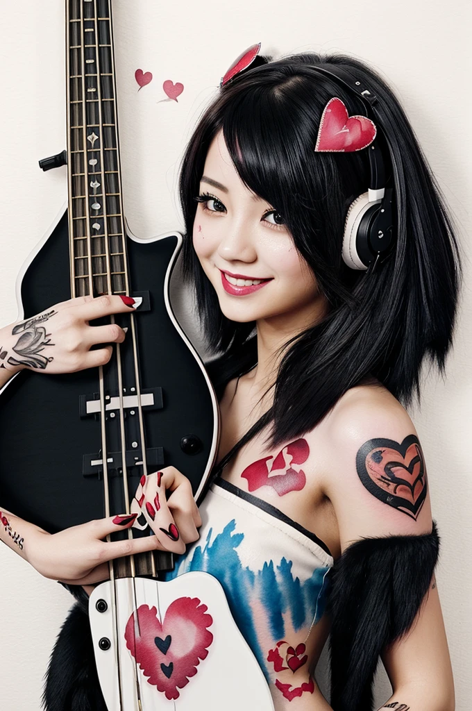 Color Fashion Portrait Photographs., (((ink painting))), (((1 girl))), (((Heart tattoo on face.))), (((Beautiful hair accessories))), japanese style headphones, (((bass guitar))), japanese beauty, black fur, smile