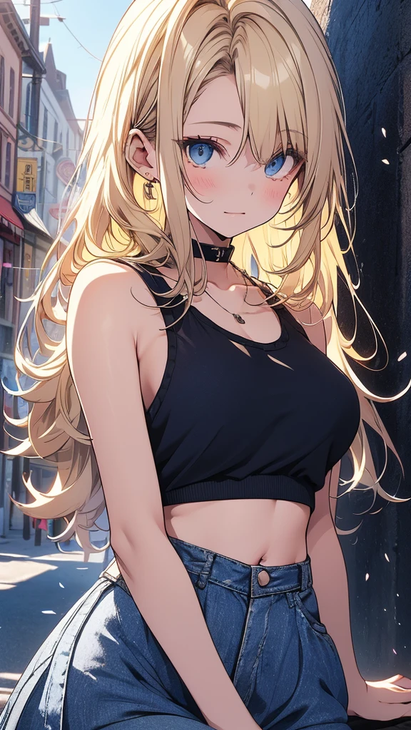 最high quality、best image quality、masterpiece、 girl((16-yearld、becom、vest bust、medium bust,wide open breast tea、blue eye, blonde hair、habitual hair、long hair、thin,highest valley、belly button black tank top、blue jean skirt、smug face、leaning forward)),high quality、beautiful art、background((bright town、wall))debris flies、Depth of written boundary、movie、visual art、perfect art、8K,genuine