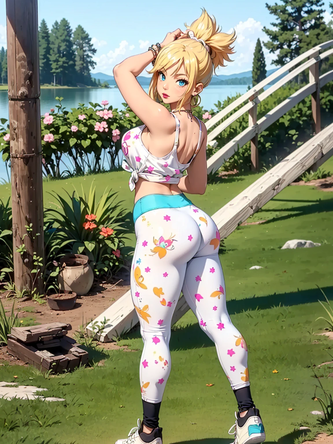 ((1woman, (solo, 1girl, alone), kohaku, blonde hair, blue eyes, tied hair)), smug, ((solo, (1woman, pink lipstick), Extremely detailed, ambient soft lighting, 4k, perfect eyes, a perfect face, perfect lighting, a 1girl)), austere, ((white tank top, gym top, leggings, lycra pants, printed pants, white sneakers, lake in the background, forest, sand, sunny day, bracelets, earrings, large lake))