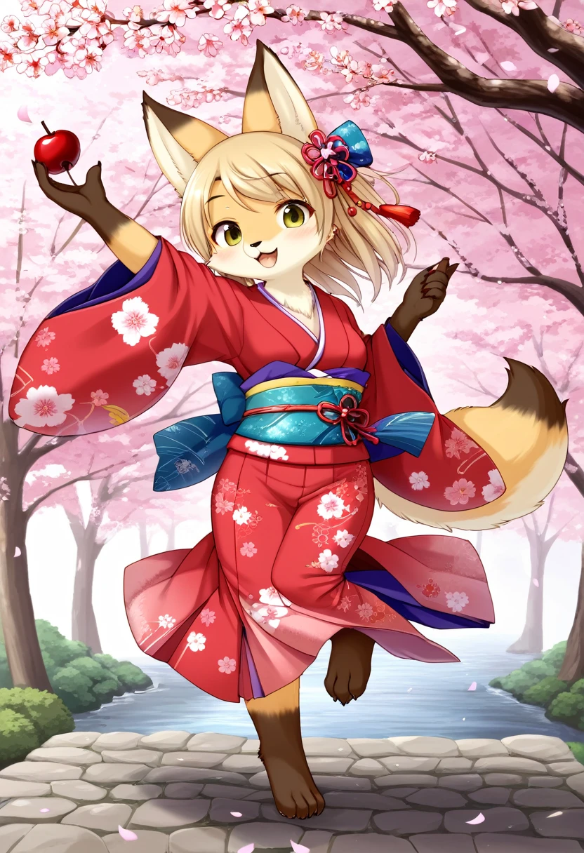 masterpiece, kimono, The cherry tree, cherry blossoms dancing in the wind(super cute 1girl, solo, kemono, furry anthro)