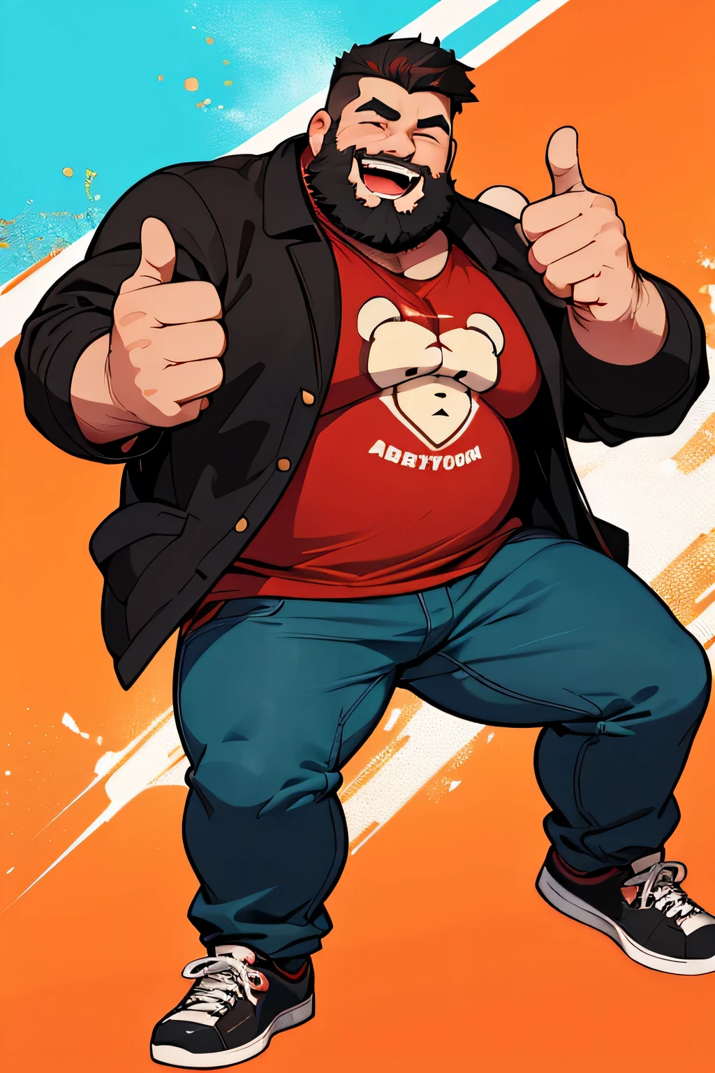 one man, 30 years old, thick beard, thumb ups, laughing, burly, chubby, bear, full body, black T shirt, plaid jacket, stylish sneaker, red trouser, posing for a picture, lovely