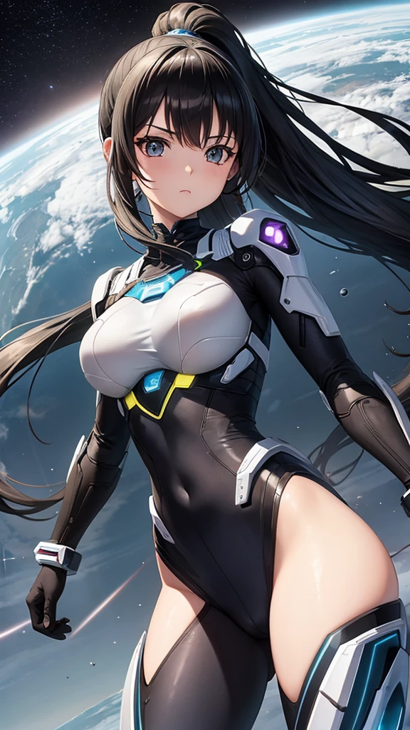 Transparent sexy cyborg suit、、beautiful girl、ponytail、Black Hair、fight、blue beam、universe space