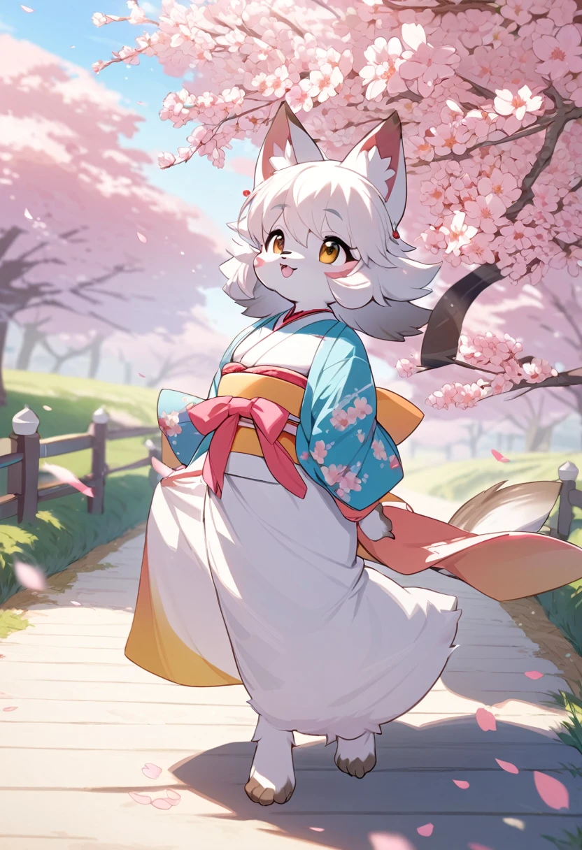 masterpiece, kimono, The cherry tree, cherry blossoms dancing in the wind(super cute 1girl, solo, kemono, furry anthro)