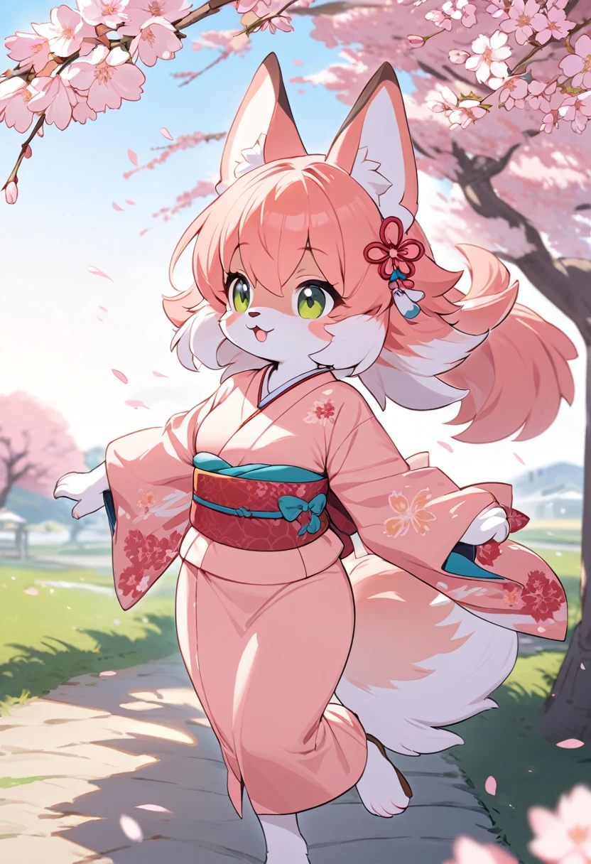 masterpiece, kimono, The cherry tree, cherry blossoms dancing in the wind(super cute 1girl, solo, kemono, furry anthro)