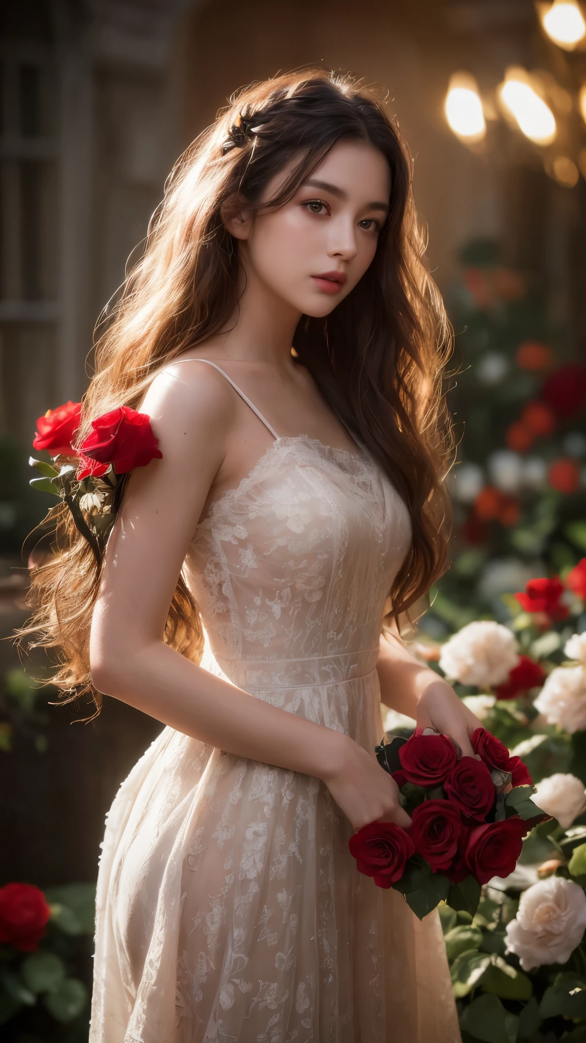 amazingly realistic, High resolution 8K photo of a beautiful 20 year old woman, ((messy side wave long hair)), And a glamorous person, (elegant dress:1.2), dramatic lighting, masterpiece, Immersive atmosphere, chiaroscuro:(1.5, bright lights:1.2, shining light), (blur background:1.5), treasury, best quality, realistic, very detailed, HDR, Physically Based Rendering, studio lighting, vivid colors, bokeh, (real skin texture:1.3), high contrast, (fujicolor:1.5), film grain, girl in the rose garden, white lace dress, (Red flower mess in the background..:1.3), Fascinating detailed red eyes and face, dynamic lighting, in the dark, deep shadows, low key, cowboy shot,