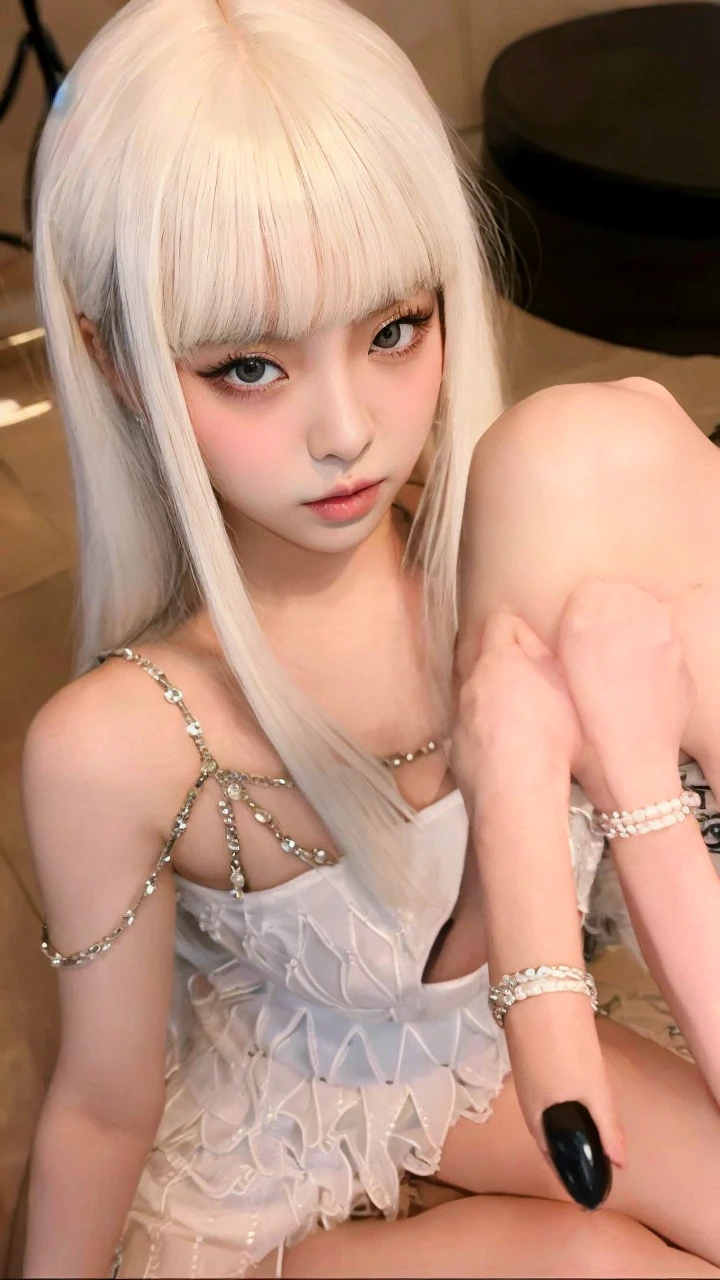 there is a girl taking a selfie, roseanne park of blackpink, blackpink jennie, lalisa manoban of blackpink, cl, heonhwa choe, with white long hair, jaeyeon nam, the hime cut, portrait of jisoo of blackpink, white hime cut hairstyle