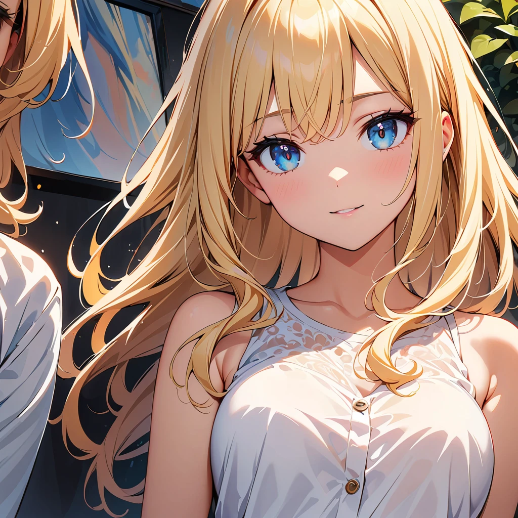 masterpiece, Highest quality, Super detailed, figure, Beautiful details, Depth of written boundary, Dynamic Angle, 8k wallpaper, Portraiture, Best light and shadow quality, 4K, 8k, CG, The finer details, Blurred Background, Upper Body, Contemporary, dress, blonde, Long Hair, Beautiful Eyes, Beautiful splashes