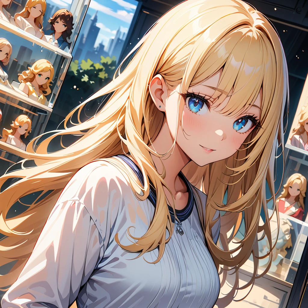 masterpiece, Highest quality, Super detailed, figure, Beautiful details, Depth of written boundary, Dynamic Angle, 8k wallpaper, Portraiture, Best light and shadow quality, 4K, 8k, CG, The finer details, Blurred Background, Upper Body, Contemporary, dress, blonde, Long Hair, Beautiful Eyes, Beautiful splashes