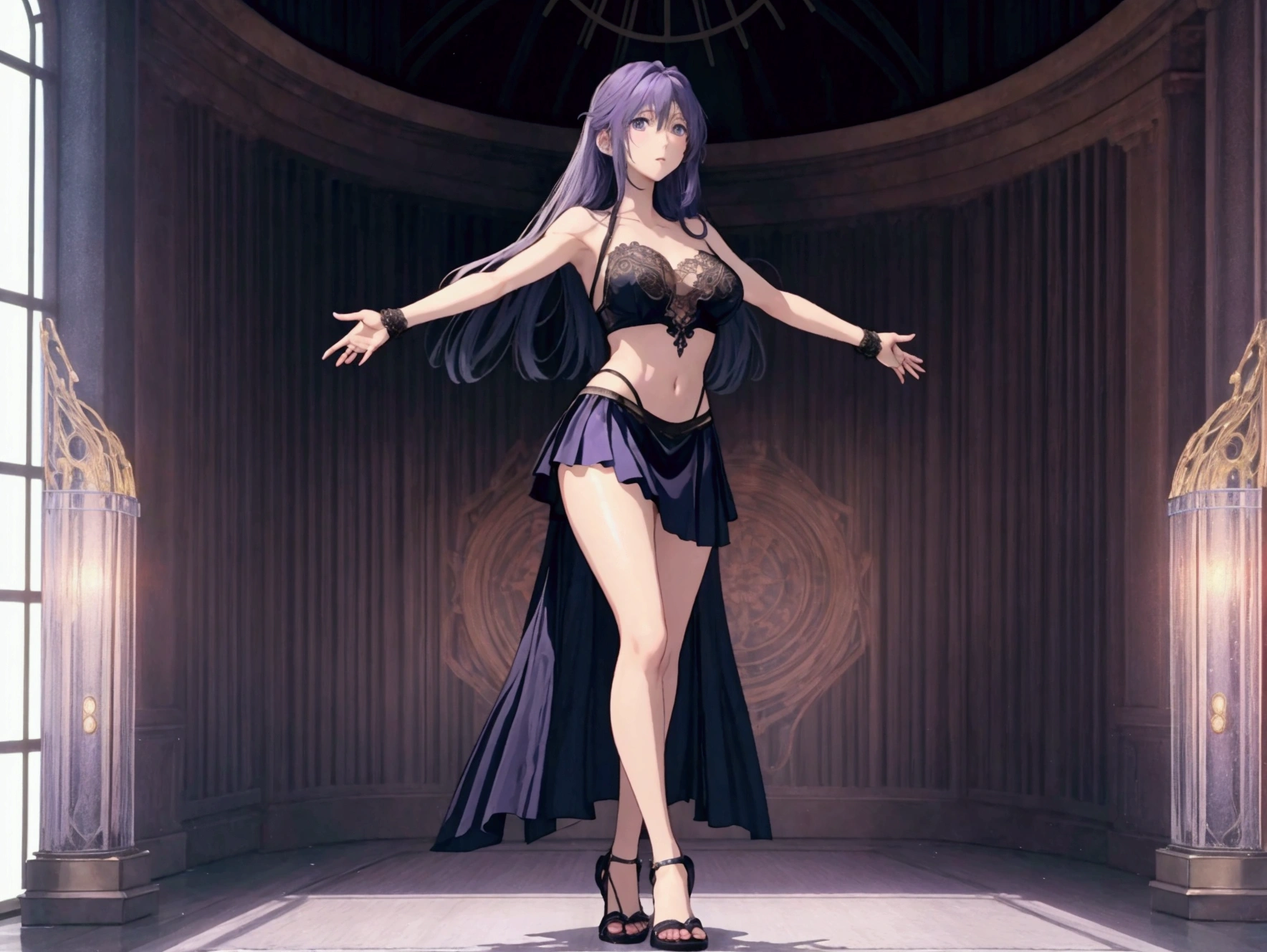 Please draw a full body of a woman.。Similar to Violet Evergarden from the anime、Smooth skin、RAW images、High definition、High resolution、high resolution、Full Body、With open arms、toes、What to wear、Tube top、Satin long skirt