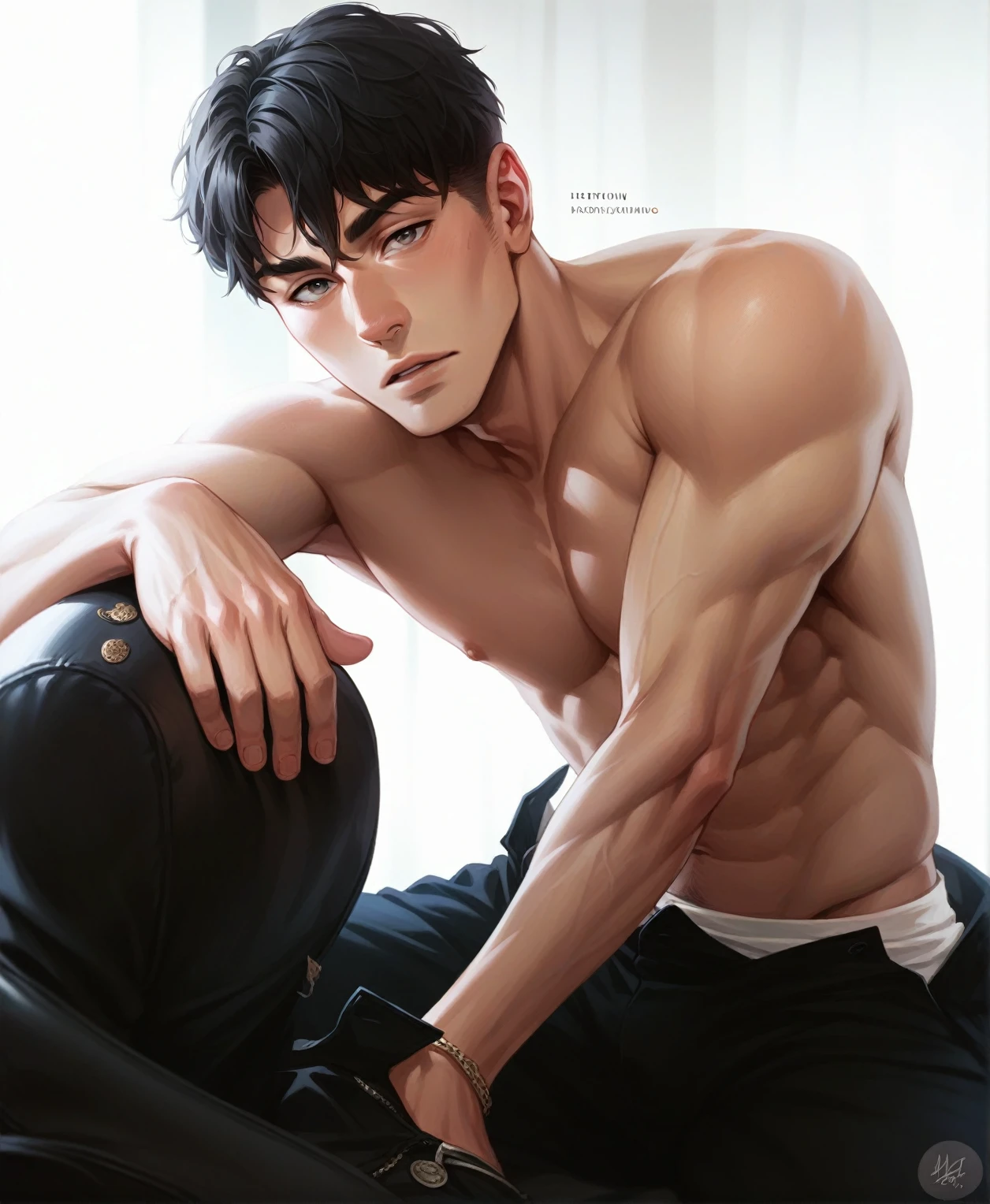 beautiful man, male beauty, cat eyes, frowning, muscled body, beautiful lips, beautiful nose, hd quality, Digital art