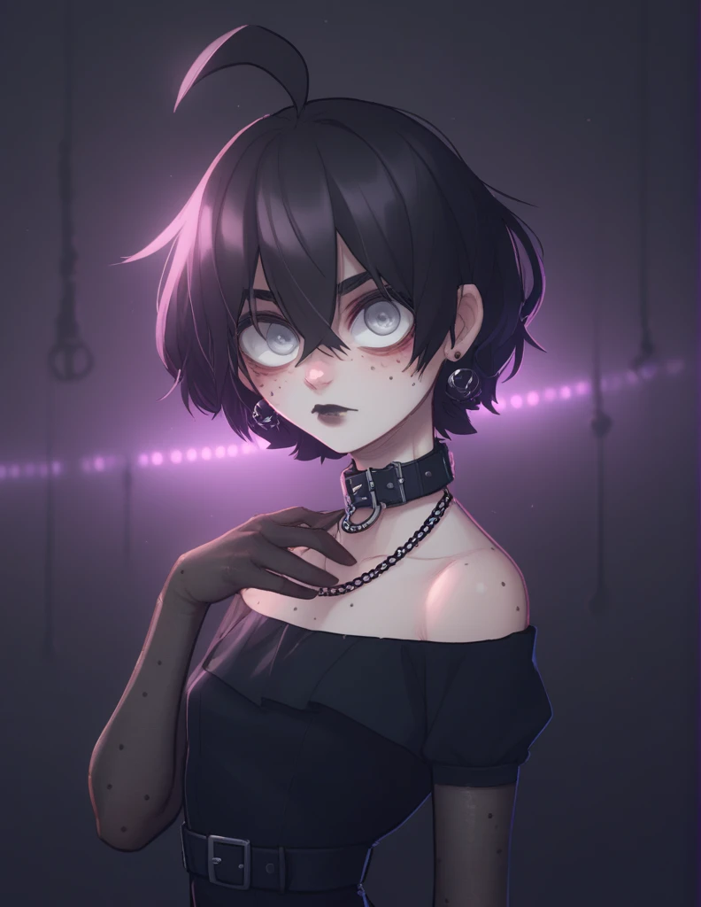 1 girl, alone, ppka, black fur, short hair, messy fur, Ahoge, parts, parts en todo el cuerpo, grey eyes, blind eyes, kind eyes, kind look, sexy look, looking at the viewer, slight blush,
black dress, dark dress, Gothic, short dress, vestido de detailed suoer, dressed with many accessories, arm warmer, black heater, black boots, gothic boots, black gloves, dark gloves, tight collar, black necklace, black earrings, long earrings, super long stockings, black stockings, transparent stockings, tights with holes,
dark lipstick, shadows in the eyes, Freckles in the face,
soft skin, human skin, Pale skin,
dark environments, violet lights, dark lights, dark party,
retreading, Half-length portrait, detailed suoer,