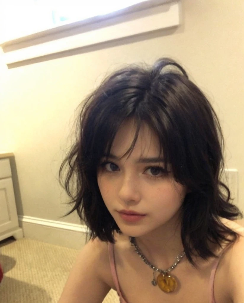 Arafed woman with a collar and necklace sitting in a room., el corte de hime, con pelo corto, con flequillo, she has black hair con flequillo, flequillo de cortina, con pelo corto con flequillo, peinado de corte hime blanco, flequillo esponjoso, joey rey, primera ola, con cara linda - fina, cabello con flequillo blanco, su cabello es natural despeinado