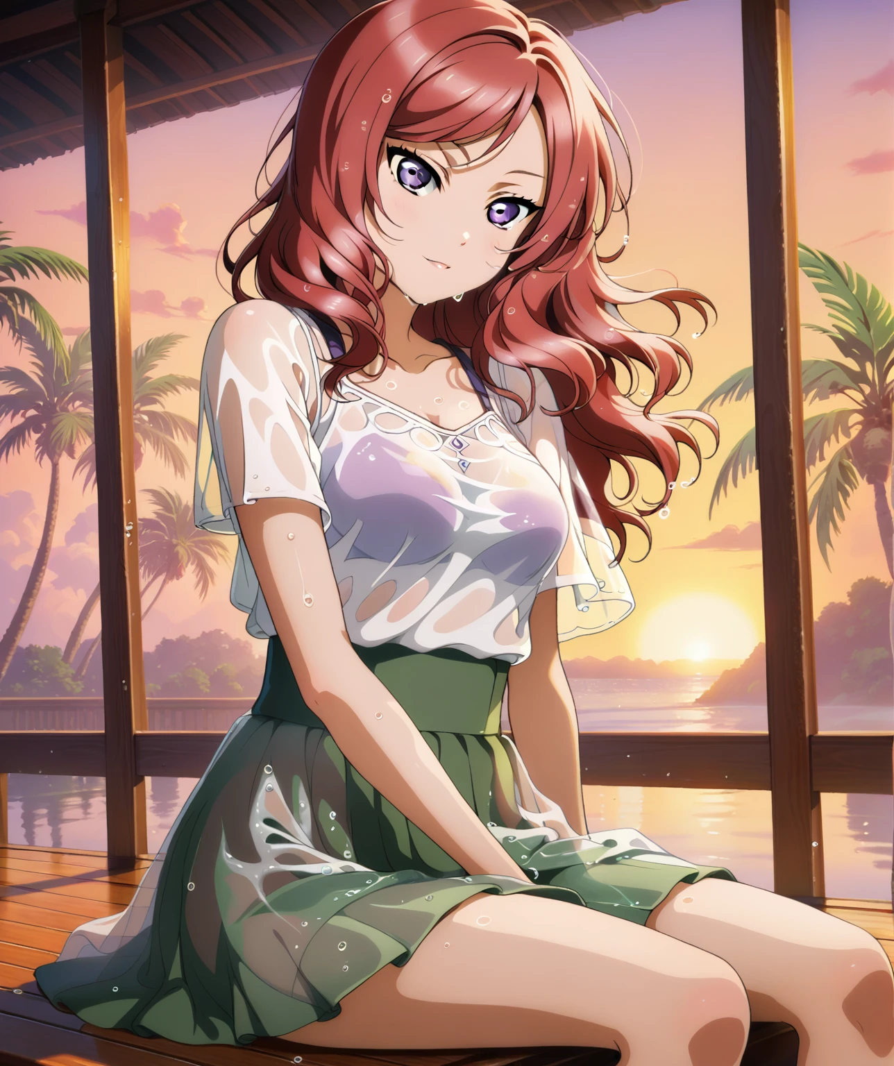 masterpiece, best quality,solo, floating hair,nishikino maki,red medium hair, detailed eyes,purple eyes, white see-through top, green skirt, nile river, sunset,palm tree,medium breasts , sitting ,wet