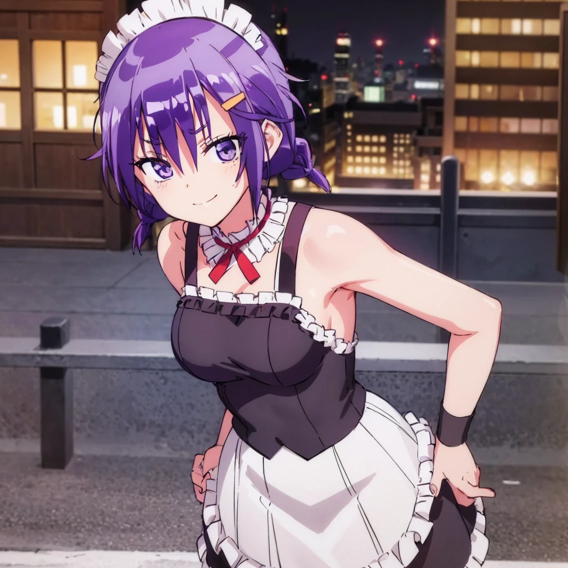 ((1girl)),((alone)), asumi kominami,(masterpiece), (best quality), (ultra detailed), (best illustration), (best shadow), (absurdities), sharp focus, cowboy photo , looking at viewer, big breasts, narrow waist, wide hips, medium thighs, round butt, dynamic posture, purple eyes, purple hair, short hair, maid, maid headdress, choker, wristbands, short sleeves, split bangs, hairpin, smile , leaning forward, arms in v, hands together, smiling, playful look, seductive smile, closed mouth, serious expression, (sexy pose: 1.2), ((solo)), standing: 1.3, outdoor, cityscape, city ,streets, sunset, looking back ,from behind,((focus on breasts)), point of view (from above), red blush, perfect anatomy, perfect hands.