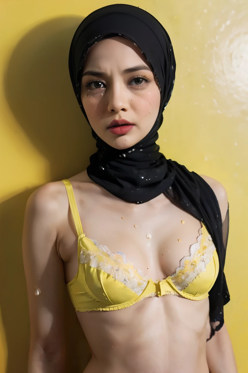 Lie down, (((SPERM SPLASH))),  (((MALAY HIJAB GIRL))), (realistic, photo-realistic:1.4), (1girl),a FLAT CHEST, FLAT CHEST, wearing light red lace bra and panties, hand on hips, ((HEAVY NIPPLES)), (( TRANSPARENT )), (( SADNESS )), (((TEARS))), (((YELLOW LIPS))), (((Fluorescent YELLOW BRA))), (((FLAT CHEST))), (((FLAT CHEST))).