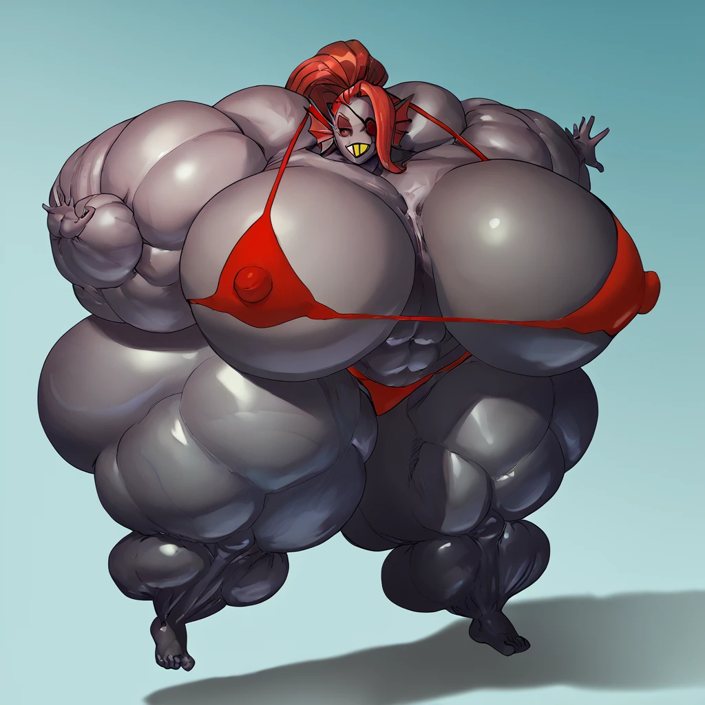 score_9, score_8_up, score_7_up, score_6_up, score_5_up, score_4_up, source_anime, 1girl, undyne \(undertale\), smiling, looking at viewer, portrait, red Bikini, huge overfilled breast_implant, huge keep_inflating_Extrem_like a blimp, filling her up more plump , large Breast Implants breast expander fill up, extremely huge inflated muscles, hyper inflated muscles, hyper bursting with breast_implant,_full_up with Helium hyper butt, hyper hips hyper lips