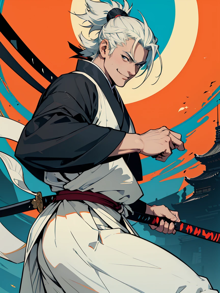 um homem com uma espada em pé na frente de uma lua cheia, cara bonito na arte do matador de demônios, badass anime 8 k, homem samurai vagabundo, Miyamoto Musashi, inspirado em Kanō Hōgai, Ronin, inspirado em Kano Sanraku, estilo samurai, Papel de parede de mangá 4k, as samurai, Papel de parede de anime 4K, a happy smiling face,colorful,cartoon style,simple geometric shapes,bright vibrant colors,minimalist,cute,cheerful,positive,smiley,caricature,stylized,abstract,whimsical,playful,fun,adorable,friendly,charming,iconic,simple shapes,clean lines,bold colors,(best quality,8k,masterpiece:1.2),highly detailed,sharp focus,professional digital illustration