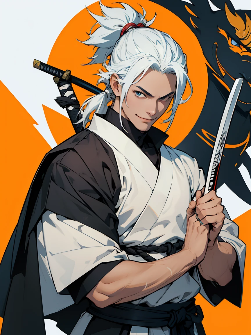 um homem com uma espada em pé na frente de uma lua cheia, cara bonito na arte do matador de demônios, badass anime 8 k, homem samurai vagabundo, Miyamoto Musashi, inspirado em Kanō Hōgai, Ronin, inspirado em Kano Sanraku, estilo samurai, Papel de parede de mangá 4k, as samurai, Papel de parede de anime 4K, a happy smiling face,colorful,cartoon style,simple geometric shapes,bright vibrant colors,minimalist,cute,cheerful,positive,smiley,caricature,stylized,abstract,whimsical,playful,fun,adorable,friendly,charming,iconic,simple shapes,clean lines,bold colors,(best quality,8k,masterpiece:1.2),highly detailed,sharp focus,professional digital illustration
