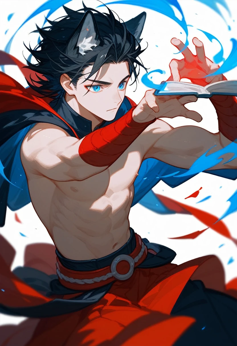 (score_9,score_8_up,score_7_up),1male,black hair hair,blue eyes, shirtless,wolf ear, hansome_face,hold a book, dynamic pose, magic aura,Red shaman skirt