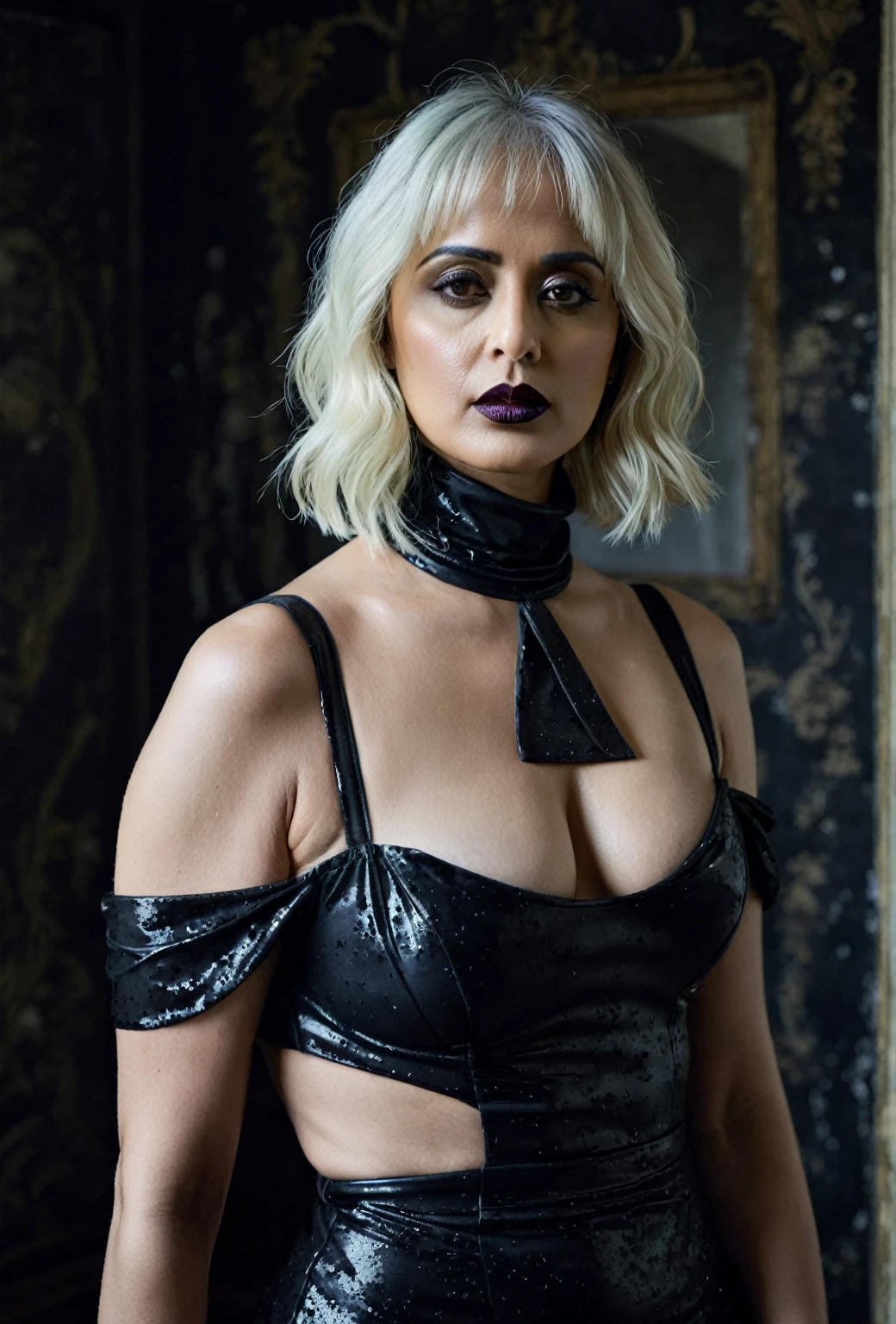 Looks like Anushka Shetty, extremely gorgeous, stunning beauty, sexiest milf, true milf, milf goddes, smokin' hot, mature lady, 50 years old Woman, sweat, sexy outfit, thick figure, bulky figure, sexy cross dress, sexy turtle neck dress, ((Master piece, very realistic, best quality, highly detailed, Frontal view, DELICATE, PORTRAIT, WOMAN 36yo, AESTHETIC)) shallow depth of field, realism, photography, good proportions, narrow depth of field, tilt shift look, bokeh, anamorphic look, cinematic, dark and moody, ((a pale white complexion MODE with short WHITE color hair and bangs and smokey eye makeup, BLACK lips)), sweating body, wet skin, wearing black fashion designed by Rick Owens, a dark photograph by Tim Walker and Tom Hoops and Matt Mahurin, a dark liminal space, a desolate seedy hotel room with peeling wallpaper and black painted walls, symbolism, primordial fluids, uneasy feeling, dark occult imagery, melancholic ((very aesthetic))