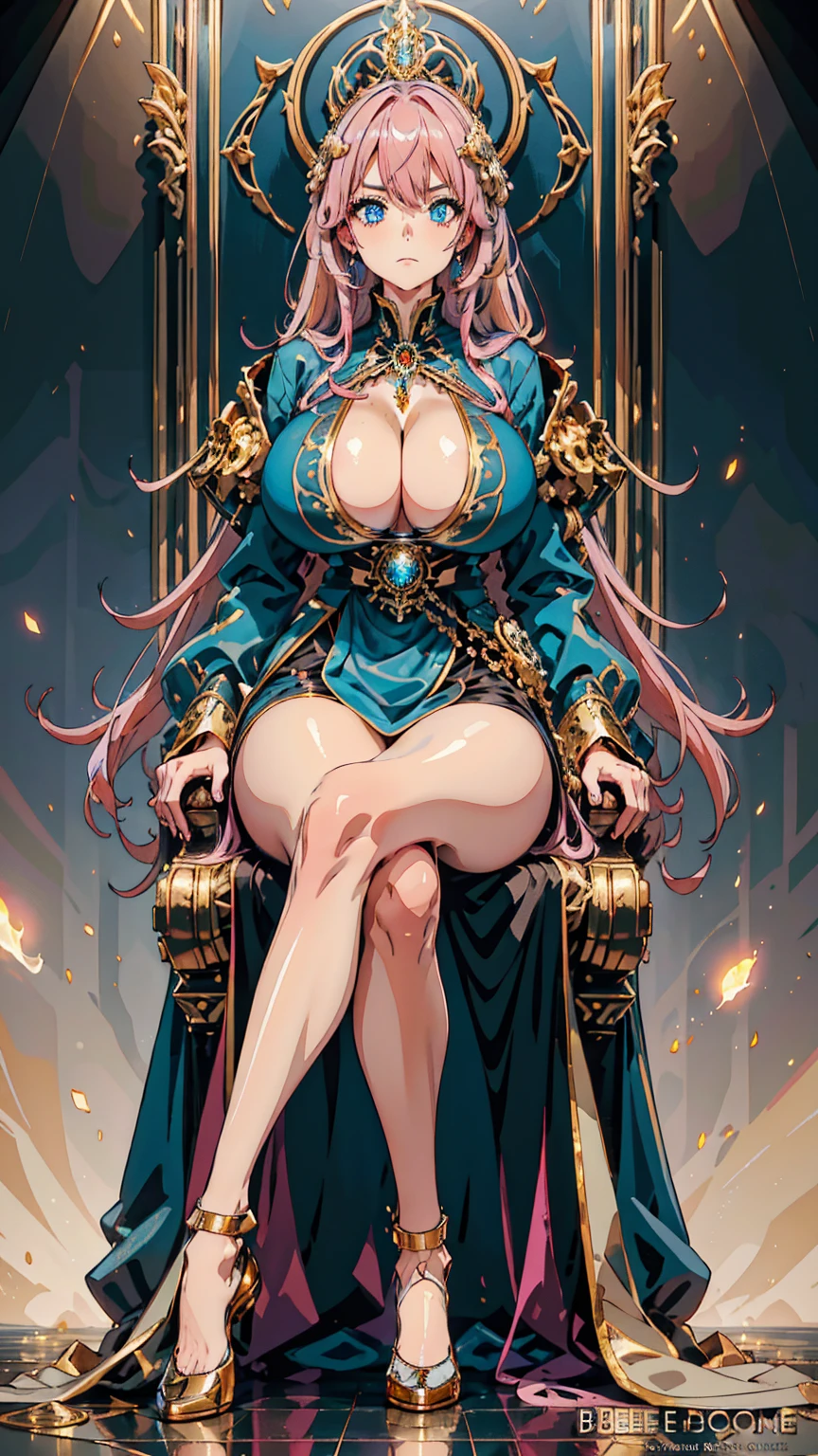 1 confident woman with floor-length pink hair, huge and big breasts, Futuristic royal costume in white with black and gold details, tall woman, blue detailed eyes, sitting on a great throne of golden skulls, judgmental look, golden metal skulls