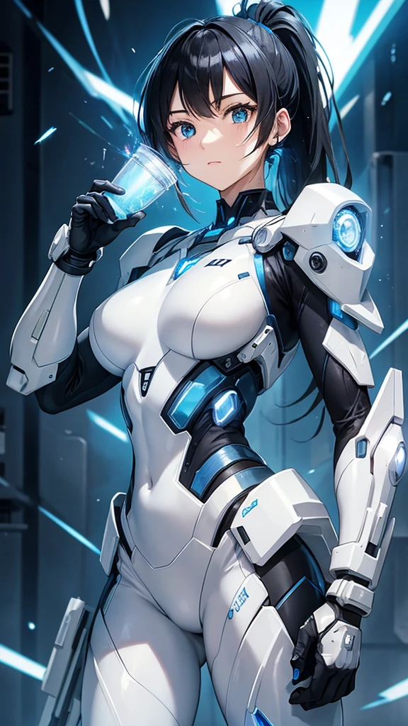 White cyborg suit、、beautiful girl、ponytail、Black Hair、fight、blue beam、A Cup、Sparks fly