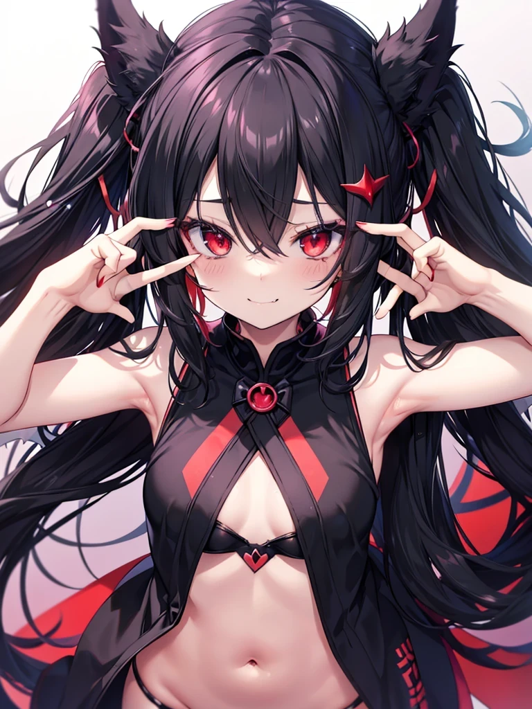 A succubus nekogirl, neko ears, demon tail, smiling with one kawaii Protruding canine as in anime, Horny face Foaming at the mouth. Black hair, red eyes, beautifull , cute and sexy. Little black and red demon Wings.She wants me. Anime scenery