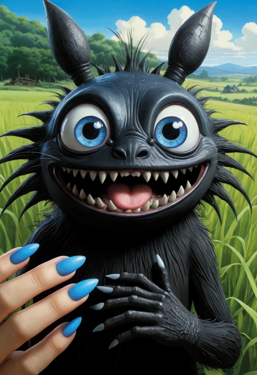 Ghibli　countryside　A black rubber-like creature、Blue eyes on the nails, Wide mouth scary