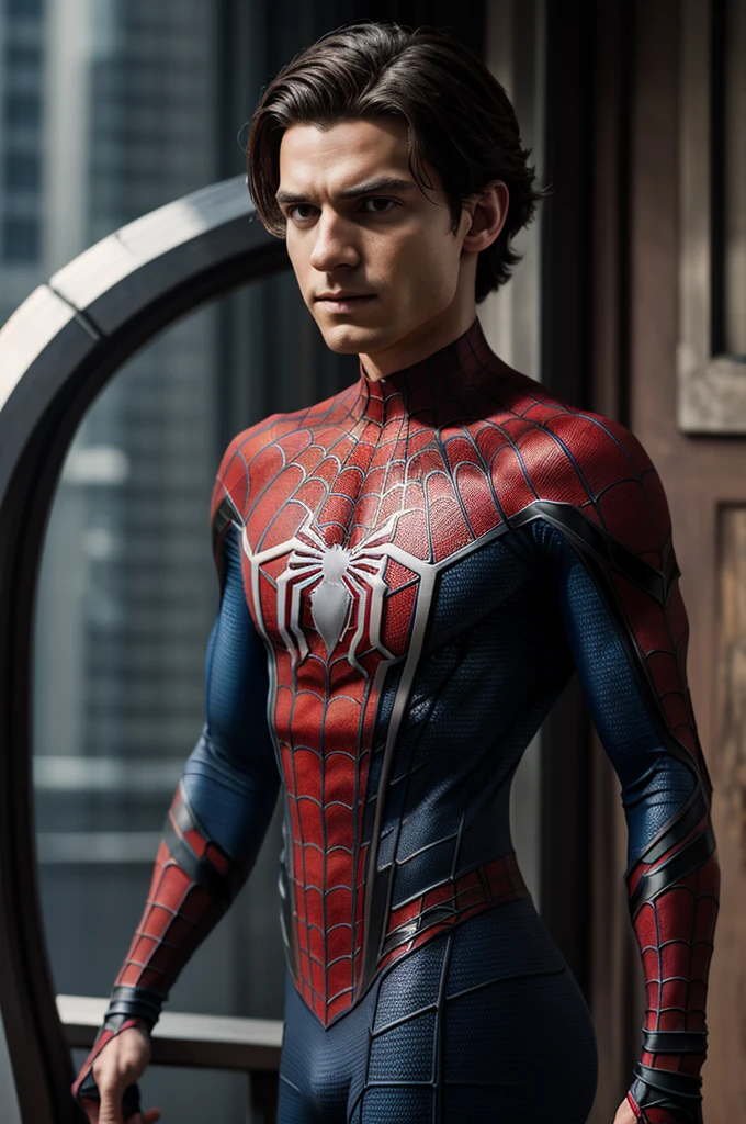 A photograph of Spider-Man, without mask, the 20s, bonitas, face detailed, looking at the camera, portraite, 8k hd, high qualiy