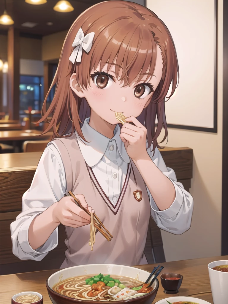 masterpiece, best quality, high resolution, extremely detailed, detailed background, cinematic lighting, 1girl, looking at viewer, solo, 1girl, misaka mikoto, tokiwadai, wear white collared shirt, wear brown vest, bow, looking at viewer,, smile, indoor, eating ramen with chopsticks, ramen bowl ,table, restaurant, Sitting