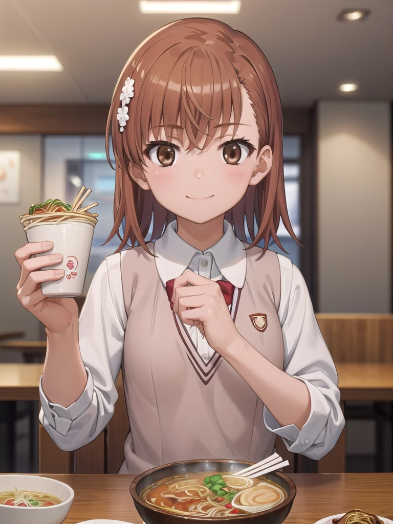 masterpiece, best quality, high resolution, extremely detailed, detailed background, cinematic lighting, 1girl, looking at viewer, solo, 1girl, misaka mikoto, tokiwadai, wear white collared shirt, wear brown vest, bow, looking at viewer,, smile, indoor, eating ramen with chopsticks, ramen bowl ,table, restaurant, Sitting 