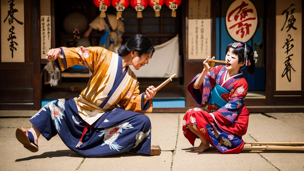 carving on wood of Geisha playing on musical instrument in front of a man in full growth , style Fish eye