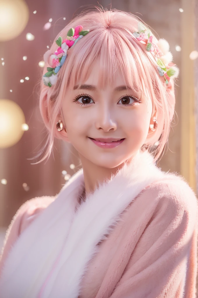 Very detailed CG Unity 8K wallpaper, Cute One lady, Mature pink hair、lady ,beautiful lady, pale skin (Super masterpiece, Beautiful person, well detailed face polluted smile, Photorealistic, hyper realisitic), Colorful winter kimono in pink and white colors、(white fur)、Japanese Style Hair Accessories、smile、Japanese background with light pink flowers and snow、Portrait、(pink eye)、(flat chest:1.2)、(Glowing Skin:1.7)、Detailed eyes、Big eyes、Open your mouth、Hide your arms、(all nude:1.5)