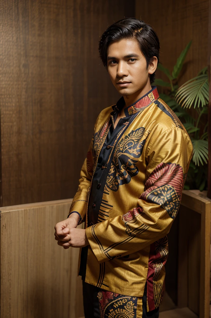 28 year old man with side hair wearing Indonesian batik clothes, studio photo background, anime.