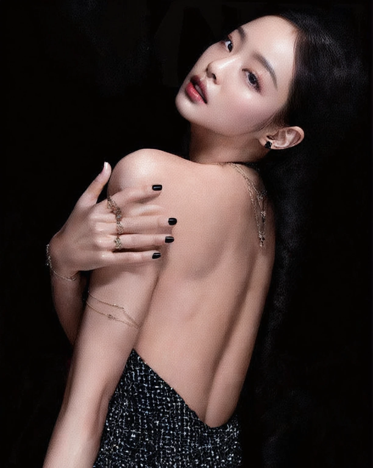 araffed woman with black nails and a black dress posing, blackpink jennie, dilraba dilmurat, showing her shoulder from back, bae suzy, hands behind her pose!, back pose, leaked image, stunning elegant pose, jia, 3 / 4 pose, cute elegant pose, hands behind her body pose!, bare back, solo photoshoot, glamorous pose, sexy pose