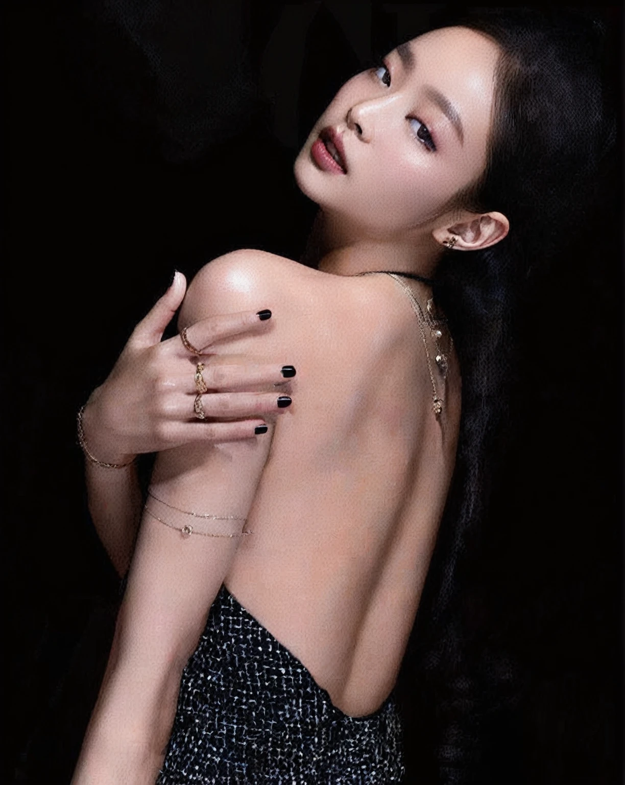 araffed woman with black nails and a black dress posing, blackpink jennie, dilraba dilmurat, showing her shoulder from back, bae suzy, hands behind her pose!, back pose, leaked image, stunning elegant pose, jia, 3 / 4 pose, cute elegant pose, hands behind her body pose!, bare back, solo photoshoot, glamorous pose, sexy pose